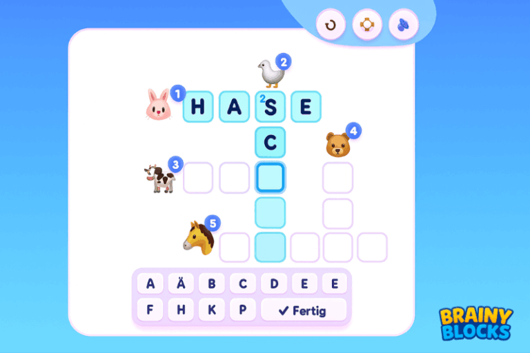 Spaßige und einfache Kreuzworträtsel für Kinder mit BrainyBlocks